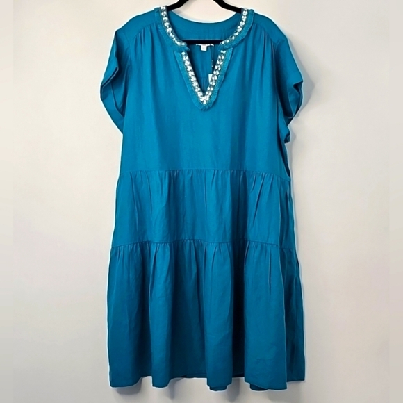 Chico's Peacock Blue 100% Linen w Embellished Neckline Glam Relaxed Short Dress - Picture 5 of 15